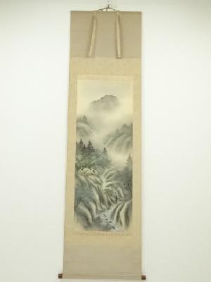 敬山筆　彩色山水　肉筆絹本掛軸（共箱）